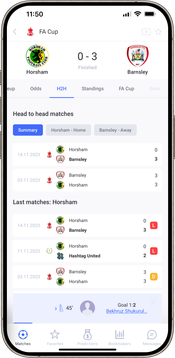 Example of checklive mobile app head-to-head match page on iPhone 13 mini