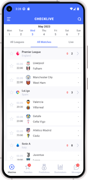 check live mobile app football page preview with all matches active tab