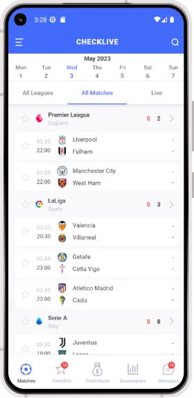 check live mobile app football page preview with all matches active tab