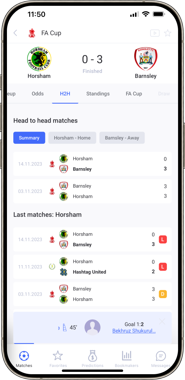 Example of checklive mobile app head-to-head match page on iPhone 13