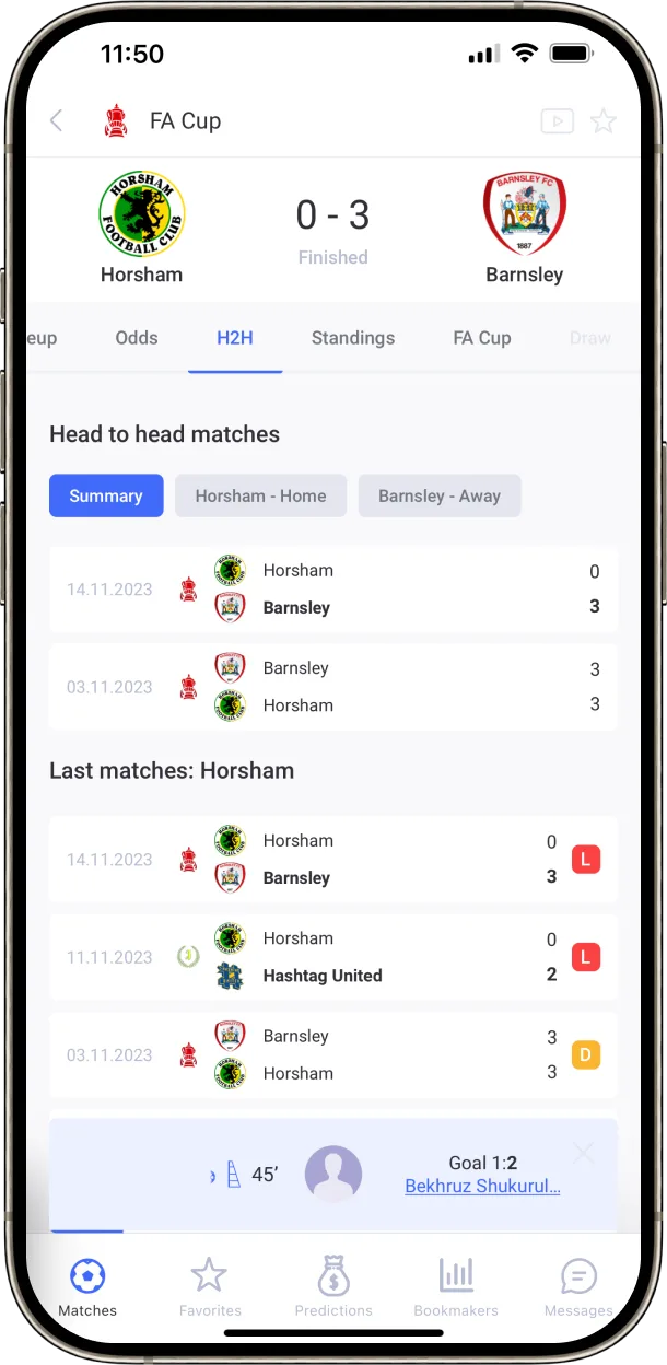 Example of checklive mobile app head-to-head match page on iPhone 13 mini