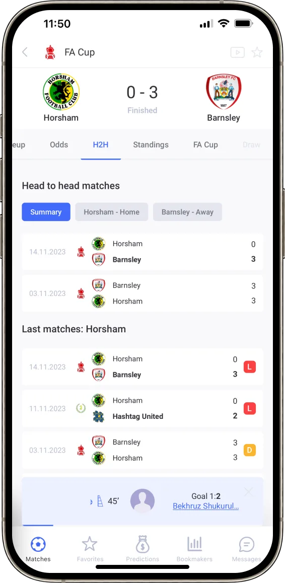 Example of checklive mobile app head-to-head match page on iPhone 8