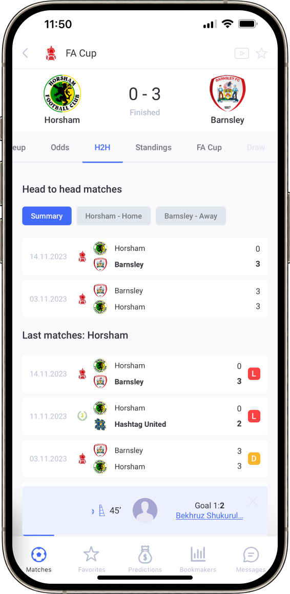 Example of checklive mobile app head-to-head match page on iPhone 8