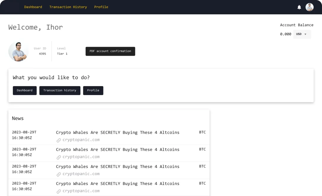 crypto exchange web app dashboard page preview