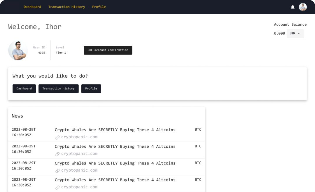 crypto exchange web app dashboard page preview