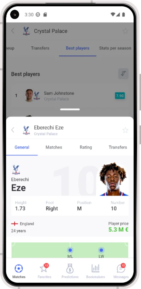 Crystal Palace best players page with openeded Eberechi Ezes' stats modal window